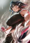  1girl absurdres belt black_pants black_shirt blood blood_on_hand blue_eyes blue_hair breasts burn_scar commentary hair_intakes highres hololive hololive_english jujutsu_kaisen large_breasts looking_at_viewer midriff multiple_scars navel ouro_kronii padoruu pants parted_lips scar scar_on_arm scar_on_face scars_all_over shirt short_hair sleeveless sleeveless_shirt sleeveless_turtleneck solo sword turtleneck upper_body virtual_youtuber weapon zen'in_maki zen'in_maki_(post_shibuya) 