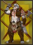  2016 abs anthro armor axe biceps butt canine chest_tuft clothed clothing fur hair hi_res jewelry loincloth male mammal manly melee_weapon muscular muscular_male necklace open_mouth pecs shade_the_wolf simple_background solo standing teeth tribal tuft weapon white_fur wolf 