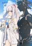  1boy 1girl angra_mainyu_(fate) bare_shoulders blue_sky blush breasts caren_hortensia caren_hortensia_(comiket_104) clothing_cutout cloud cloudy_sky collarbone commentary_request cowboy_shot cup dark-skinned_male dark_skin dated diamond_cutout disposable_cup drink drinking drinking_straw drinking_straw_in_mouth facing_ahead fate/grand_order fate_(series) headband highres holding holding_drink light_particles long_hair long_sidelocks looking_at_another looking_to_the_side medium_breasts navel noko_morokoshi off_shoulder one-piece_swimsuit open_clothes open_shirt outdoors parted_bangs ponytail shirt short_hair sidelocks sky swimsuit swimsuit_cover-up toned toned_male topless_male wavy_hair white_hair white_one-piece_swimsuit white_shirt yellow_eyes 