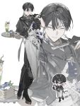  1boy :d ^_^ anchovy_yaro apron bead_necklace beads black_boots black_gloves black_hair black_kimono blue_choker blue_eyeshadow blueberry blunt_ends bob_cut boots cake center-flap_bangs chibi chibi_inset choker closed_eyes closed_mouth commentary_request cup diagonal_bangs drinking_glass earrings eyeshadow facing_viewer fanning_self flower flower_earrings folded_fan folding_fan food fruit full_body gloves hand_fan hands_up high_heel_boots high_heels highres holding holding_fan holding_tray ice_cream inverted_bob japanese_clothes jewelry kimono makeup male_focus matcha_(food) matcha_parfait mole mole_under_mouth multicolored_hair multiple_views napkin necklace original outline parfait parfait_glass parted_lips partially_fingerless_gloves platform_heels short_hair simple_background smile snowdrop_(flower) solo spoon standing streaked_hair string_choker sweat tassel tassel_earrings tasuki tray v-shaped_eyebrows very_short_hair waist_apron waiter white_apron white_background white_flower white_outline white_streaks wing_print zoom_layer 
