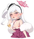  1girl basukechi black_hairband blue_archive bracelet breasts clothes_pull dress dress_pull earrings fur_shawl gold_bracelet hairband halo highres jewelry looking_at_viewer mutsuki_(blue_archive) mutsuki_(dress)_(blue_archive) nipples open_mouth pointy_ears purple_eyes red_dress red_halo shawl simple_background sleeveless sleeveless_dress small_breasts solo upper_body white_background 