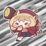  1girl =_= animal_ears beret black_shoes black_shorts blonde_hair blush_stickers bow bowtie bread bread_slice chibi chibi_only closed_eyes closed_mouth commentary_request flying_sweatdrops food food_in_mouth full_body grey_background hammer hat holding holding_hammer jacket kneehighs korean_commentary leone_(trickcal) lion_ears lion_girl lion_tail long_sleeves monyami motion_lines mouth_hold open_clothes open_jacket outline pink_bow pink_bowtie red_hat red_jacket school_uniform shirt shoes short_hair shorts socks solo standing standing_on_one_leg tail toast toast_in_mouth trickcal white_outline white_shirt white_socks 
