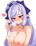  1girl ayatori_(aytr) black_nails blush bow breasts collarbone commentary_request condom cum drill_hair hair_bow heart highres holding holding_condom large_breasts long_hair mole mole_under_eye nail_polish nipples nude pointy_ears purple_bow purple_hair red_eyes simple_background solo spoken_heart sweat upper_body used_condom vivian_banshee white_background zenless_zone_zero 