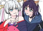  2girls a_jak black_choker blue_eyes blue_hoodie blue_kimono cho_kaguya-hime! choker colored_inner_hair forehead_jewel green_eyes hair_ornament hair_rings hair_stick hood hood_down hoodie japanese_clothes kimono long_hair medium_hair multicolored_hair multiple_girls open_mouth pink_hair runami_yachiyo sakayori_iroha simple_background twintails white_background white_hair yuri 