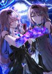  2girls absurdres ahoge aleph-1_(wuthering_waves) black_dress blue_eyes blue_hair breasts chromatic_aberration closed_mouth colored_extremities colored_inner_hair commentary denia_(wuthering_waves) dress dual_persona hair_ornament highres long_hair looking_at_another medium_breasts multicolored_hair multiple_girls pink_hair purple_eyes rin0_(gujrv) smile stuffed_toy taking_another's_hand white_dress wuthering_waves 