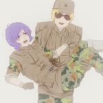 2boys blonde_hair blush brown_jacket camouflage camouflage_pants camouflage_shirt carrying carrying_person char_aznable commentary_request fluffy_hair garma_zabi gloves gundam hat jacket medium_hair mobile_suit_gundam multiple_boys open_mouth pants purple_eyes purple_hair shirt short_hair simple_background sleeveless sleeveless_jacket sunglasses teeth tira_zhang tongue upper_teeth_only yaoi 