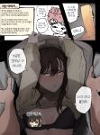  1boy 1girl animalization bad_source bed_sheet black_bra black_hair bra censored commentary_request highres idolmaster idolmaster_shiny_colors ikaruga_luca ikuta_haruki korean_commentary korean_text lying mature_female narration novelty_censor on_back p-head_producer pillow pillow_grab pov pov_hands producer_(idolmaster) rip_van_winkle_(chlwhdgk3) speech_bubble sweat translation_request underwear yakumo_nami yellow_eyes 