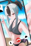  1girl absurdres alternate_costume bare_arms bare_shoulders bikini black_bikini black_choker black_hair blue_archive blush breasts cellphone choker closed_mouth commentary_request demon_girl demon_horns demon_wings grey_hair highres holding holding_phone horns kayoko_(blue_archive) korean_commentary looking_at_viewer mopi_(oooo5412) multicolored_hair phone ponytail red_eyes single_wing small_breasts smartphone solo swimsuit two-tone_hair v wings 