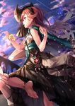  anklet barefoot blue_eyes bow cape cloud dress feet flower flower_ornament from_side gradient_hair granblue_fantasy grey_hair hairband highres jewelry long_hair multicolored_hair open_mouth orange_hair petals sara_(granblue_fantasy) saraki sky sleeveless soles solo star_(sky) starry_sky strapless strapless_dress wind wrist_flower 