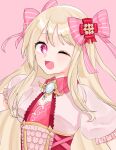 1girl blonde_hair breasts chaos_marie_(grimms_notes) cleavage_cutout clothing_cutout cocoa_powder_(artist) commentary_request corset grimms_notes heart heart-shaped_pupils highres looking_at_viewer open_mouth pink_background pink_eyes puffy_short_sleeves puffy_sleeves red_corset short_sleeves smile solo symbol-shaped_pupils upper_body 