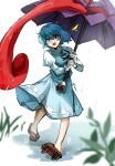  1girl absurdres aqua_vest blue_eyes blue_hair blue_skirt breasts brown_sandals collared_shirt day dot_nose fern frilled_shirt_collar frilled_sleeves frills full_body geta hair_between_eyes happy heterochromia highres holding holding_umbrella juliet_sleeves large_breasts light_blush long_sleeves long_tongue lower_teeth_only medium_skirt no_socks notice_lines oil-paper_umbrella open_mouth otogisum3 outdoors pleated_skirt puddle puffy_sleeves purple_umbrella rain red_eyes ripples sandals shirt short_hair skirt sleeves_past_wrists smile solo standing tatara_kogasa teeth tongue touhou umbrella very_long_tongue vest wavy_hair white_background white_shirt 