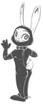  alec8ter anthro black_and_white blush bodysuit butt clothed clothing collar disney female gag gagged gimp_suit hi_res judy_hopps lagomorph looking_at_viewer looking_back mammal monochrome rabbit rubber simple_background skinsuit solo tight_clothing view white_background zipper zootopia 