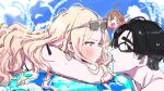  1boy 2girls :o absurdres ahoge blonde_hair blush commentary_request eyewear_on_head facing_another finger_to_another's_mouth gakuen_idolmaster goggles hanami_ume hetero highres idolmaster innertube juo_sena kasasagi_(futagodori888) long_hair looking_at_another multicolored_hair multiple_girls outdoors partial_commentary pink_streaks producer_(idolmaster) streaked_hair sunglasses swim_goggles swim_ring wet wet_hair 