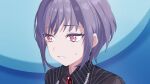 1girl amoris_(bang_dream!) bang_dream! bang_dream!_it's_mygo!!!!! bead_necklace beads blush brooch commentary highres jewelry necklace open_mouth peke_(pekeiscat) pink_eyes portrait purple_hair short_hair solo sweatdrop untranslatable_commentary yuutenji_nyamu 
