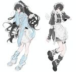  2boys absurdres angel_wings apron arm_warmers black_arm_warmers black_eyes black_hair black_leg_warmers blue_jacket blue_leg_warmers commentary_request full_body hand_up highres hong_lu_(project_moon) jacket jersey_maid leg_warmers limbus_company maid maid_apron maid_headdress mini_wings multiple_boys ondoiro project_moon simple_background tenshi_kaiwai unconventional_maid white_apron white_background wings yi_sang_(project_moon) 