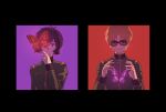  2boys black-framed_eyewear black_border blonde_hair border bug butterfly char_aznable closed_mouth commentary_request garma_zabi glowing_butterfly green_jacket gundam highres jacket long_sleeves looking_at_viewer male_focus mobile_suit_gundam_the_origin multiple_boys parted_lips purple_background purple_butterfly purple_hair red_background red_butterfly short_hair simple_background sunglasses symbolism tira_zhang upper_body 