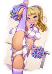  1girl :d alessandra_susu arm_up armpits ass blonde_hair blue_eyes blush breasts breath brown_hair cameltoe cheerleader commentary_request covered_kneepits covered_nipples cowboy_shot earrings groin_tendon hair_ornament hair_scrunchie heavy_breathing highres holding hoop_earrings indoors jewelry leg_up long_hair looking_at_viewer medium_breasts midriff miniskirt navel nekono_matatabi open_mouth panties pom_pom_(cheerleading) ponytail purple_thighhighs scrunchie skirt smile solo split standing standing_on_one_leg standing_split star_(symbol) star_earrings stretching sweat tan thighhighs thighs tokyo_7th_sisters underwear upskirt white_panties white_skirt wrist_bow 