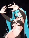  aqua_eyes aqua_hair black_background breasts collarbone commentary hand_shadow_covering_breasts_(meme) hatsune_miku highres ilega long_hair looking_at_viewer meme navel nipples out-of-frame_censoring outstretched_arms parted_lips simple_background topless_female twitter_username very_long_hair vocaloid 