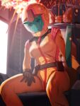  1girl akatsu bad_end belt belt_pouch blonde_hair blood blood_from_forehead blue_eyes bodysuit breasts brown_belt brown_gloves cockpit collared_bodysuit commentary_request commission explosion fire gloves green_assault_visor gundam hand_on_own_thigh helmet high-waist_belt highres imminent_death mecha_pilot_suit medium_hair mobile_suit_gundam normal_suit_(gundam) open_mouth pouch sayla_mass sitting skeb_commission small_breasts solo spacecraft_interior sparks tongue yellow_bodysuit 