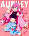  ! 1girl :d animal_ear_headphones animal_ears aqua_eyes aqua_shoes arm_at_side arrow_(symbol) aubrey_(birthday)_(omori) aubrey_(faraway)_(omori) aubrey_(omori) bag bare_shoulders belt black_belt black_shirt blue_bow blue_nails blue_pants blush bow braid cardigan cardigan_partially_removed character_charm character_name charm_(object) clothes_writing clothing_cutout commentary converse copyright_name cup cupcake_bunny_(omori) denim disposable_cup double-parted_bangs drinking_straw english_commentary eyebrows_hidden_by_hair fake_animal_ears forest_bunny?_(omori) full_body grin hair_between_eyes hair_bow hair_ornament hairclip headphones heart highres holding holding_cup holding_phone hood hood_down hooded_cardigan jeans jewelry jumping long_hair long_sleeves looking_at_viewer low_twin_braids midriff multicolored_nails musical_note nail_polish namara074 navel official_alternate_costume official_alternate_hairstyle omori open_cardigan open_clothes pants parallel_hairclips phone pink_bag pink_cardigan pink_hair pink_nails puffy_long_sleeves puffy_sleeves purple_nails rabbit_ear_headphones rabbit_ears red_background ribbon-trimmed_pants ring shirt shoelaces shoes shoulder_bag simple_background sleeveless sleeveless_shirt smile solo sparkle star_(symbol) torn_clothes torn_jeans torn_pants twin_braids v-shaped_eyebrows yellow_nails 
