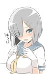  bad_id bad_nicoseiga_id blue_eyes blush breast_rest breasts check_commentary commentary_request eyes_visible_through_hair gloves hair_ornament hair_over_one_eye hairclip hamakaze_(kantai_collection) kantai_collection large_breasts looking_at_viewer masupa_kiriu neckerchief open_mouth school_uniform serafuku short_hair short_sleeves silver_hair simple_background solo teeth translated white_background white_gloves yellow_neckwear 