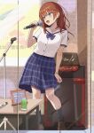  1girl absurdres azakura_(beniyomogi) black_socks blue_eyes blush brown_hair brown_shoes commentary_request cue! cup earrings highres holding holding_microphone indoors jewelry karaoke loafers long_hair microphone microphone_stand open_mouth shoes socks solo standing yomine_miharu 