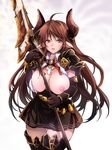  bad_id bad_pixiv_id belt blush bow bowtie breasts brown_eyes brown_hair draph elbow_gloves forte_(shingeki_no_bahamut) gloves granblue_fantasy horns kyoro_(cothurnus) lance large_breasts long_hair miniskirt nipples open_mouth pauldrons pointy_ears polearm shingeki_no_bahamut shirt skirt solo thighhighs torn_clothes torn_shirt weapon zettai_ryouiki 