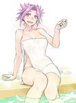  :d blush breasts choko_(cup) cleavage cup hair_up jun'you_(kantai_collection) kantai_collection large_breasts looking_at_viewer naked_towel open_mouth purple_eyes purple_hair sitting smile soaking_feet solo spiked_hair towel water yuuji_(and) 