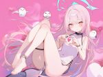  1girl absurdres aqua_halo bare_legs bare_shoulders barefoot blush bracelet china_dress chinese_clothes chromatic_aberration collar commentary_request covered_navel cross-laced_clothes cross-laced_dress cross-laced_slit dress frilled_collar frills halo heart heart_hands highres jewelry knees_up long_hair looking_at_viewer mandarin_collar nyarnya original pearl_bracelet pelvic_curtain pink_background pink_eyes pink_hair pink_nails raised_inner_eyebrows side_slit small_sweatdrop thigh_strap very_long_hair white_dress 