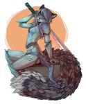  anthro armor feline female kaitycuddle leopard looking_at_viewer mammal melee_weapon simple_background sitting snow_leopard solo sword teeth weapon 