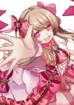  1girl blonde_hair chaos_marie_(grimms_notes) cleavage_cutout clothing_cutout corset frilled_corset frills grimms_notes hair_ribbon heart heart-shaped_pupils long_hair long_sidelocks looking_at_viewer magical_girl nai_0 outstretched_arm pink_eyes pink_ribbon puffy_short_sleeves puffy_sleeves red_corset ribbon short_sleeves sidelocks symbol-shaped_pupils 