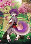  2016 anthro butt canine clothing dress female flower garter_belt garter_straps hair iskra jess_(teckly) katana kneeling legwear licking licking_lips looking_at_viewer looking_back mammal melee_weapon nipples outside pawpads plant purple_eyes purple_hair purple_nipples pussy rear_view short_hair solo stockings sword thigh_highs tongue tongue_out weapon wolf 