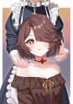  2girls :3 alternate_hair_length_(shorter) alternate_hairstyle artist_name azur_lane bare_shoulders blonde_hair blue_dress blush bob_cut bright_pupils brown_hair choker closed_mouth collarbone commentary crossover dress english_commentary fingernails flower-shaped_pupils genshin_impact hair_over_one_eye head_out_of_frame highres hu_tao_(autumn_pop-up_store)_(genshin_impact) hu_tao_(genshin_impact) lips long_sleeves maid maid_headdress multiple_girls multiple_views red_choker red_eyes sheffield_(azur_lane) single_hair_intake smile solo_focus symbol-shaped_pupils twitter_username white_pupils yura_s_arts 