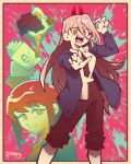  1girl 2girls absurdres akaiguarts black_necktie blonde_hair braid braided_ponytail bread bread_slice chainsaw_man closed_mouth collared_shirt cross-shaped_pupils demon_girl demon_horns food formal_clothes hair_between_eyes highres honey horns jacket jam long_hair looking_at_viewer magazine_(object) makima_(chainsaw_man) multiple_girls necktie open_mouth pornography power_(chainsaw_man) red_hair red_horns ringed_eyes sharp_teeth shirt sidelocks signature simple_background smile symbol-shaped_pupils teeth white_shirt yellow_eyes 