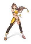  bandaged_hands bandages bare_shoulders brown_hair dungeon_and_fighter fighter_(dungeon_and_fighter) full_body green_eyes legs_apart long_hair looking_to_the_side midriff navel ponytail smirk solo standing very_long_hair yoon_lee 