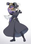 1boy 1girl absurdres armor belt black_boots black_coat black_gloves black_hair black_hat black_pantyhose blonde_hair blue_archive blue_eyes boots breasts brown_halo coat colored_skin commentary_request crossover eyepatch gloves gun halo hand_in_pocket hat highres holster holstered huge_breasts jojo_no_kimyou_na_bouken jojo_pose kujo_jotaro's_pose lace-up_boots loincloth long_coat long_sleeves looking_at_viewer medium_hair one_eye_covered overcoat pantyhose pauldrons peaked_cap pointing pointing_at_viewer pose_imitation purple_skin shotgun shoulder_armor sikakuinasu simple_background stand_(jojo) standing star_platinum stardust_crusaders suou_(blue_archive) weapon white_background 