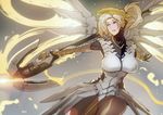  blonde_hair blue_eyes bodysuit breasts butcherboy high_ponytail huge_breasts lips mechanical_halo mechanical_wings mercy_(overwatch) overwatch pantyhose ponytail short_hair smile solo staff wings yellow_wings 