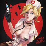  absurdres artist_name black_gloves black_legwear blonde_hair blue_eyes breasts character_name choker collarbone earrings garter_straps german gloves hat highres jewelry large_breasts mercy_(overwatch) mole mole_on_breast monori_rogue no_bra nurse nurse_cap open_clothes open_shirt overwatch parted_lips ponytail ranguage shirt short_hair short_sleeves solo stethoscope swiss_flag switzerland syringe text_focus thighhighs watermark web_address wing_print 