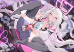  1girl absurdres ahegao anal_beads animal_ear_hairband animal_ears black_hairband black_shoes black_thighhighs blue_archive blue_necktie blush bright_pupils can cellphone coat commentary_request condom couch double-parted_bangs double_v drink_can fake_animal_ears foam from_above hair_between_eyes hairband halo heart heart_in_eye highres incoming_call kei_(blue_archive) kei_(student)_(blue_archive) long_hair_between_eyes looking_up loosely_tucked_bangs multicolored_coat multiple_condoms navel necktie no_bra no_shirt no_shoes on_couch open_clothes open_coat open_mouth orgasm phone pink_coat pink_eyes pink_halo pleated_skirt purple_skirt rabbit_ear_hairband rabbit_ears rectangular_halo ryrry sex_toy shoes skirt smartphone soda_can solo spilled_drink symbol_in_eye thighhighs toe_scrunch two-tone_coat unworn_fake_animal_ears unworn_shoes v vibrator white_coat white_hair 