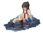  arm_support black_hair blue_skirt blush hair_ribbon high_school_fleet long_hair munetani_mashiro open_mouth partially_submerged pinakes pleated_skirt ponytail red_eyes revision ribbon school_uniform serafuku sitting skirt solo wet wet_clothes yokosuka_girls_marine_high_school_uniform 