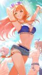  3girls absurdres arimura_mao arm_behind_head beach bikini bikini_under_clothes blue_bikini bracelet breasts brown_hair commentary_request cross-laced_clothes cross-laced_shorts cross-laced_slit cutoff_jeans cutoffs day denim denim_shorts earrings eyewear_on_head fingernails floating_hair gakuen_idolmaster green_eyes hand_up highres himesaki_rinami idolmaster jacket jacket_over_swimsuit jewelry kimi_to_semi_blue_(idolmaster) long_hair looking_at_viewer medium_breasts micro_shorts mikami_michael multiple_girls nail_polish navel necklace no_shirt official_alternate_costume orange_hair orange_nails outdoors shiun_sumika shorts stomach sunglasses sunlight swimsuit two-sided_fabric two-sided_jacket white_bikini 