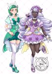  2girls :d alternate_costume bow buttons collarbone commentary_request dark-skinned_female dark_skin earrings eyelashes glove_bow gloves green_bow green_eyes green_hair green_shoes green_shorts grey_eyes headdress highres holding holding_wand jacinthe_(pokemon) jewelry lebanne_(pokemon) leg_up long_hair looking_at_viewer magical_girl multiple_girls open_mouth pokemon pokemon_legends:_z-a shoes short_sleeves shorts smile socks standing teeth thighhighs upper_teeth_only waka_(negronoir) wand white_gloves wrist_cuffs 