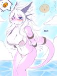  anthro big_breasts bikini blue_eyes breasts cleavage clothed clothing couds dragon female hair horn long_hair looking_at_viewer midriff navel reptile scalie sky smiley_face solo sun swimsuit water white_hair yus-ts 