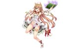  ahoge animal_ears armpits bell blush book bow brown_hair cat_ears cat_tail enokorogusa_(flower_knight_girl) flower_knight_girl full_body hair_ornament hairclip long_hair navel official_art one_eye_closed panties ring_bell smile solo strappy_heels tail tail_bell tail_bow transparent_background underwear utsurogi_akira 