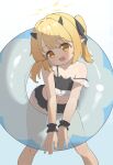  1girl :d absurdres alternate_costume bare_shoulders bikini biluoyao black_bikini black_horns black_wrist_cuffs blonde_hair blue_archive blush chinese_commentary commentary_request demon_girl demon_horns frilled_wrist_cuffs frills halo highres horns ibuki_(blue_archive) innertube long_hair looking_at_viewer missing_tail missing_wings navel open_mouth pointy_ears ruffle_bikini side_ponytail smile solo strap_slip swim_ring swimsuit wrist_cuffs yellow_eyes yellow_halo 