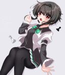  1girl 9-nine- absurdres black_dress black_hair black_pantyhose blush bow bowtie breasts chess_piece collared_dress commentary dress drop_shadow dutch_angle eyelashes eyes_visible_through_hair fang feet_out_of_frame floating_hair frilled_sleeves frills gabanborjarnon green_bow green_bowtie grey_background hair_between_eyes hair_intakes hair_ornament hairclip hand_up highres juliet_sleeves knees_up kuho_girls_academy_school_uniform long_hair long_sleeves looking_at_viewer medium_breasts open_clothes open_mouth open_shirt outstretched_hand pantyhose pleated_dress puffy_sleeves red_eyes school_uniform shirt short_dress short_hair_with_long_locks simple_background sitting solo thighband_pantyhose white_shirt wide_sleeves yuuki_noa 