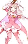  :d armpits bare_shoulders breasts cape card commentary_request cravat cross detached_sleeves earrings fate/kaleid_liner_prisma_illya fate_(series) gloves hair_ribbon illyasviel_von_einzbern jewelry long_hair looking_at_viewer magical_girl open_mouth pink_legwear prisma_illya red_eyes ribbon sideboob silver_hair skirt small_breasts smile solo thighhighs two_side_up wand white_gloves white_ribbon white_skirt wowishi 