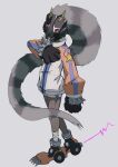  1girl animal_helmet bandaged_leg bandages bearcatmon black_gloves black_helmet boots brown_hair clenched_hands commentary crossed_legs dark-skinned_female dark_skin digimon digimon_(creature) full_body gloves helmet highres huti_(sasamekd) jacket licking long_hair looking_at_viewer multicolored_hair multicolored_jacket open_mouth orange_boots orange_sleeves red_eyes roller_skates short_shorts shorts simple_background skates solo spiked_gloves standing star_(symbol) star_print tongue tongue_out two-tone_hair two-tone_jacket very_dark_skin very_long_hair watson_cross white_background white_jacket white_shorts zipper 