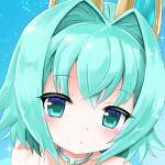  1girl akino_sakura bare_shoulders blue_background blush_stickers commentary_request emil_chronicle_online flipped_hair green_eyes green_hair hair_intakes looking_at_viewer mechanical_collar mechanical_ears open_mouth portrait shugoma_hazuki solo 