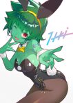  1girl alternate_costume animal_ears artist_name bare_shoulders black_choker black_leotard bow bowtie breasts brown_pantyhose choker cleavage collar colored_skin commentary_request cowboy_shot dot_nose earrings fake_animal_ears fake_tail finger_to_cheek green_hair green_nails green_skin hair_intakes hairband hand_up head_tilt highres itou_kazuki jewelry leotard looking_at_viewer medium_breasts one_eye_closed open_mouth outstretched_arm pantyhose playboy_bunny pocket rabbit_ears rabbit_tail red_eyes red_pupils rottytops shantae_(series) shirt short_hair signature simple_background skull_earrings smile solo stitched_arm stitches tail variant_set white_background white_collar wrist_cuffs yellow_bow yellow_bowtie yellow_hairband zombie 